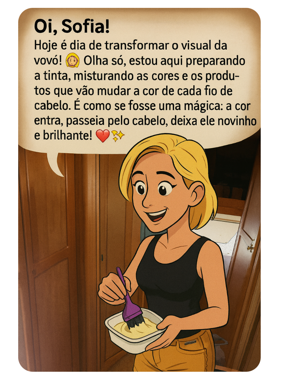 Vovó Lilian preparando a mistura de tinta dentro da autocaravana