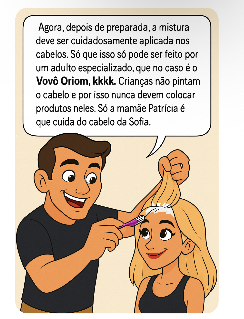 Vovô Oriom aplicando a mistura de tinta no cabelo da Vovó Lilian