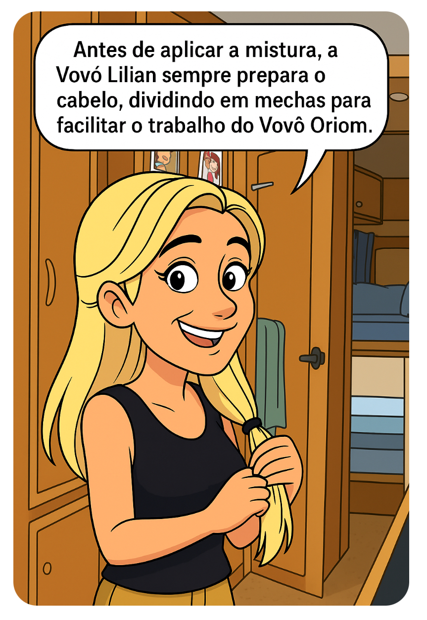 Vovó Lilian com o cabelo dividido em mechas, pronta para a aplicação