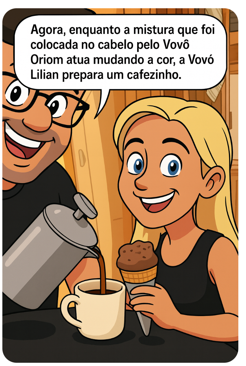 Oriom servindo café e Lilian com um gelado, dentro da autocaravana