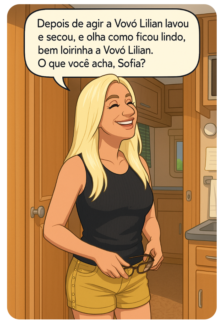 Vovó Lilian com o cabelo já seco e bem loiro, sorrindo